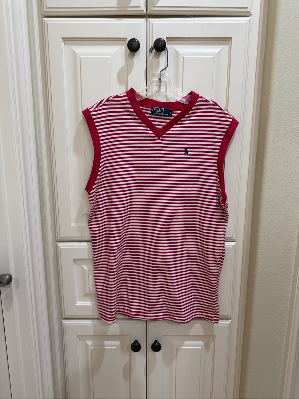 Polo Ralph Lauren Red & White Striped Sleeveless V-Neck Tank Top